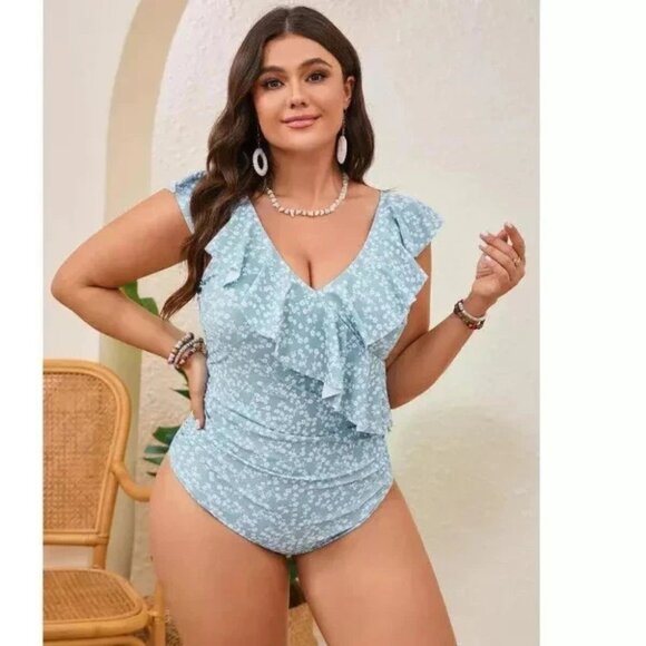 Fashion Women's 4XL Light Green Floral One Piece Flounce Sleeve V Neck Swimsuits - Picture 2 of 16